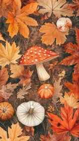 Cozy autumn mushrooms nestled among golden forest leaves.