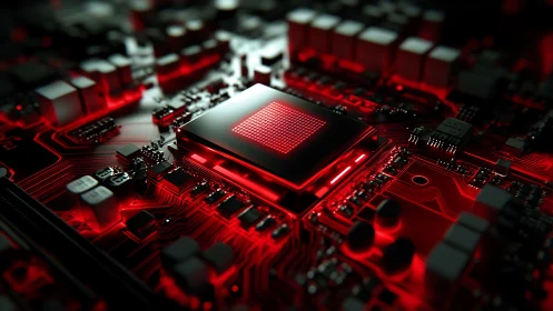 Red illuminated microchip on detailed electronic circuit board.