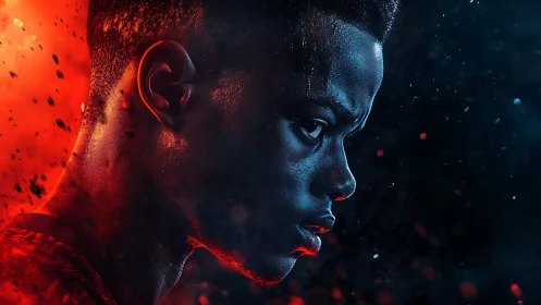 Focused glow between fire and midnight blue resolve.