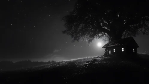 Moonlit cabin under lone tree on misty hillside night.
