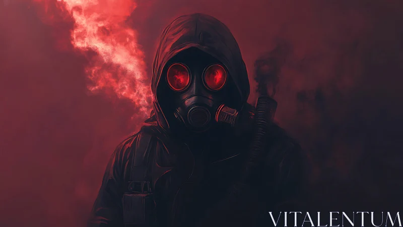 Hooded gas-mask figure stands in red particulate haze atmosphere