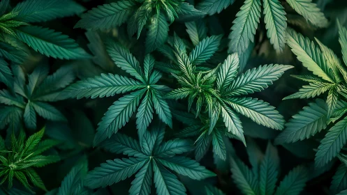Dense overhead view of green cannabis plant foliage.