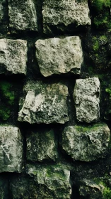 Weathered stone retaining wall with moss and surface erosion