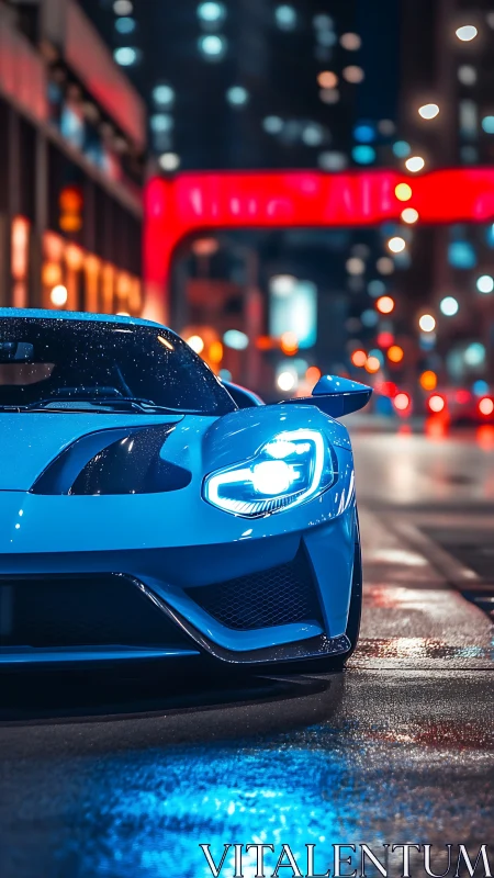 Neon blue supercar prowls rain-bright cyber city streets.