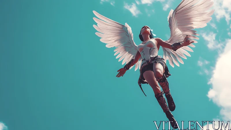 Winged armored female figure flying in clear turquoise sky.