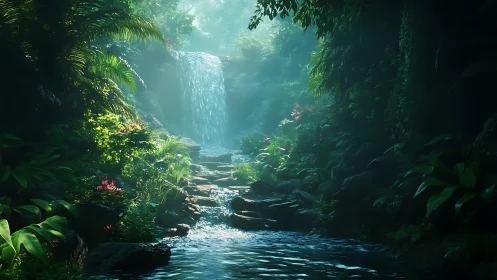 Emerald hush of a hidden rainforest waterfall sanctuary.