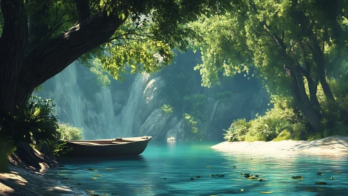 Secluded Canyon River with Moored Boat.