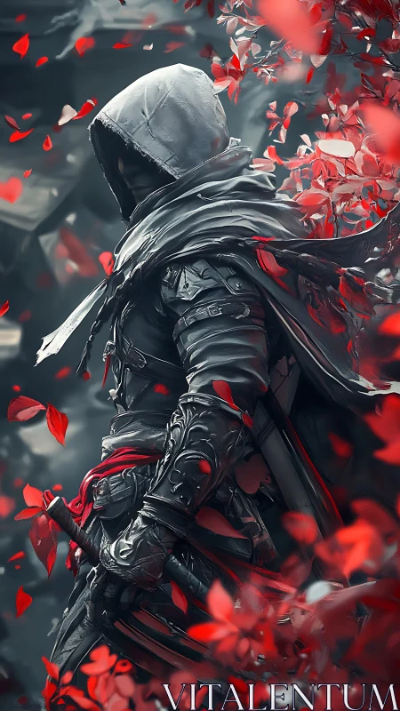 Hooded nightblade strolls through a storm of scarlet petals