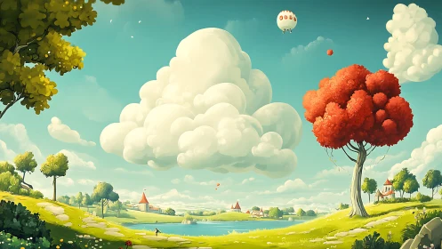 Sunny fantasy valley rests beneath towering cotton clouds