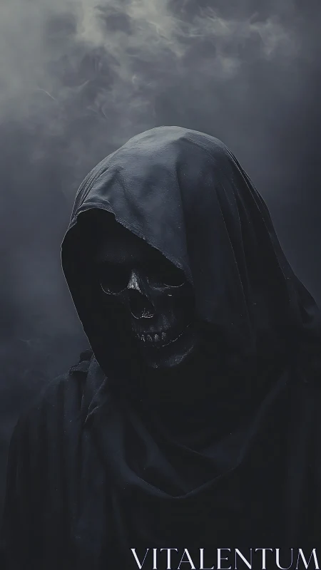 Hooded skeletal figure in dark cloak against smoky background.
