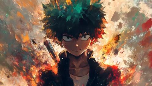 Green haired anime boy amid abstract fiery textures.