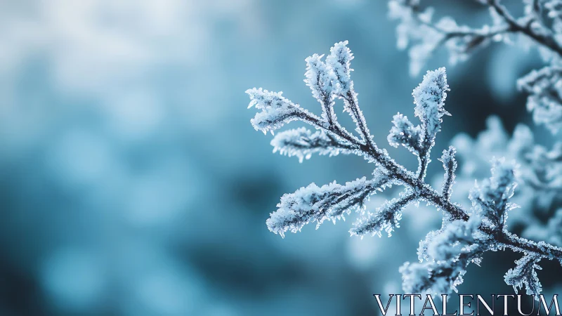 Frost-kissed evergreen branch in soft winter bokeh glow.