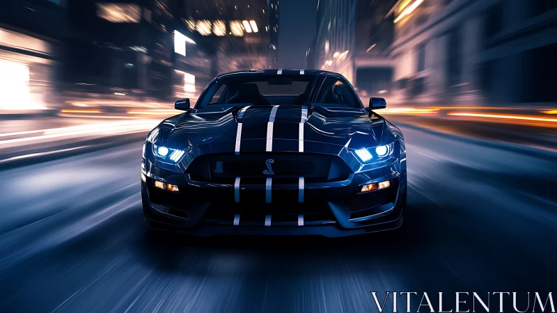 Midnight muscle car charges through neon city streets.