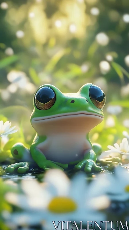 Sunny meadow frog resting among gentle white daisies.