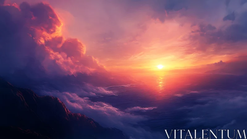 Skyfire over sleeping waves at dream-bright horizon.