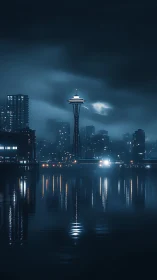 Moody blue city skyline reflects across calm night harbor