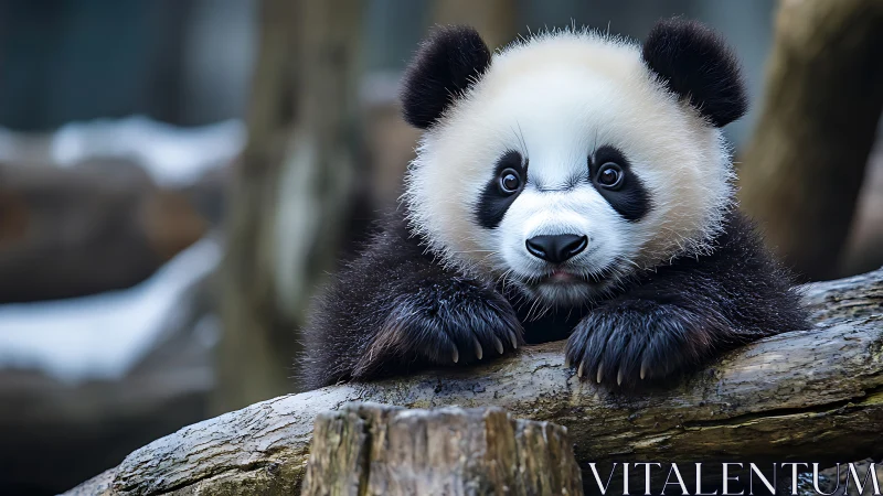 Baby panda rests on log with soft winter light glow.