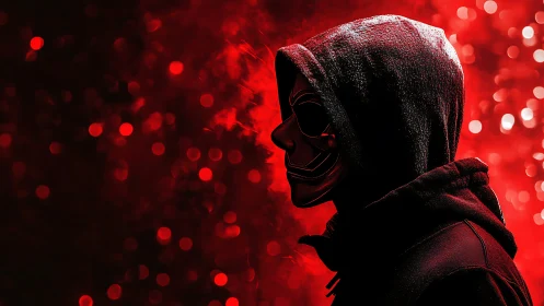 Hooded phantom in neon red haze and glitching night shadows.