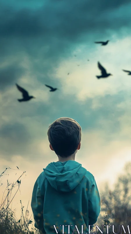 Child in teal hoodie watching birds under stormy sky.