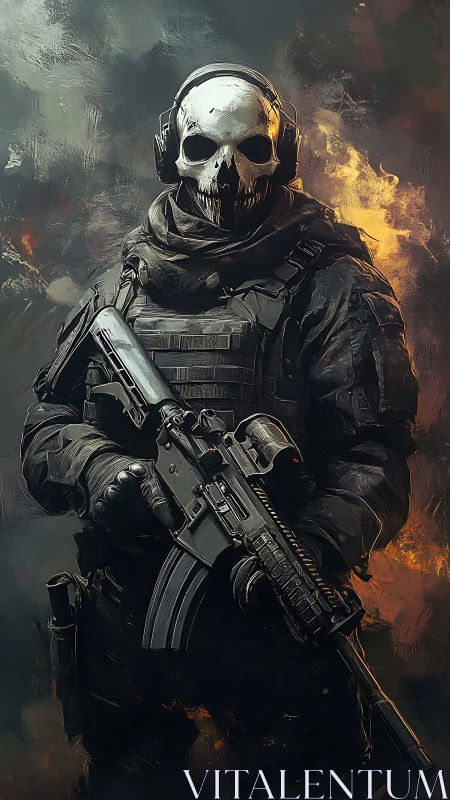 Ghost-masked warrior standing calm amid swirling firestorm.