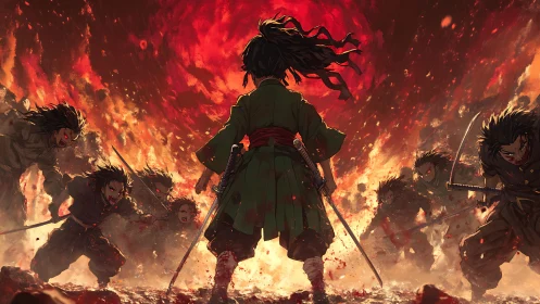 Fiery warrior stands firm against charging swordsmen in chaos