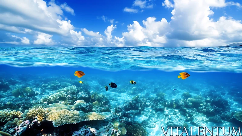 Coral reef seascape with shallow tropical fish and clouds.