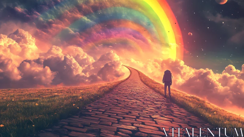 Solitary figure on cobblestone path beneath layered rainbow sky.
