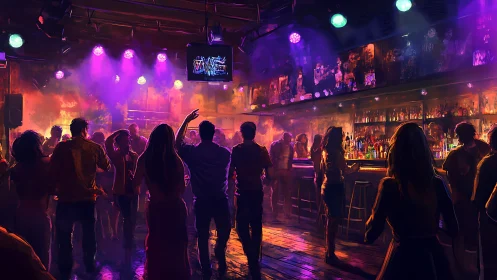 Crowded nightclub interior with bar counter and stage lighting.