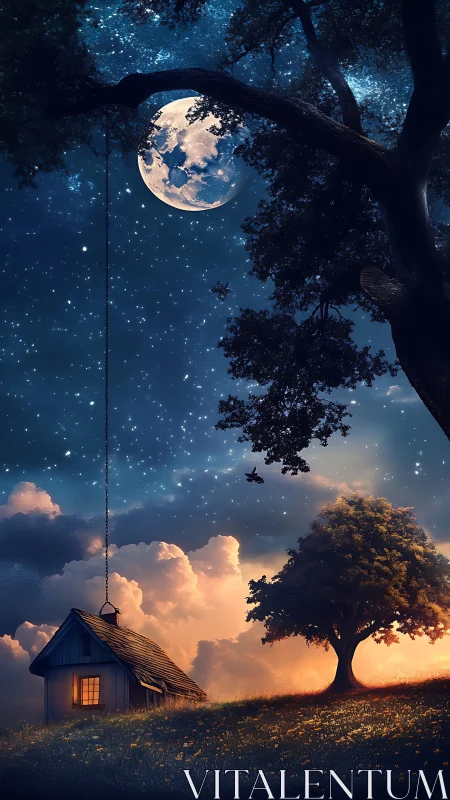 Moonlit cottage under suspended swing and star-dense night sky
