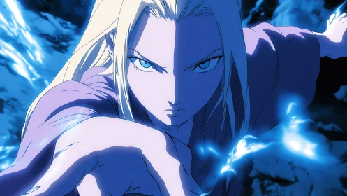 Intense blonde anime mage casting blue electrical energy spell
