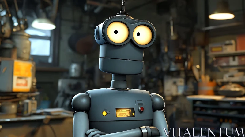 Cartoon workshop robot with oversize eyes and panel lights