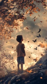Young boy watching butterflies in warm autumn light.
