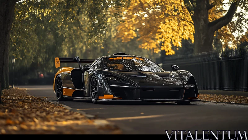 Track-focused hypercar on autumn road with aero package detail