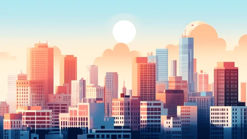 Sunlit pastel city skyline glows under clear morning sky