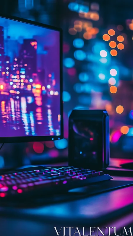 RGB-lit gaming setup glows against neon city bokeh backdrop.