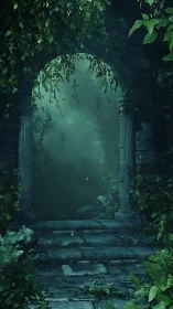Stone archway in dense foliage with mist-filled passage.
