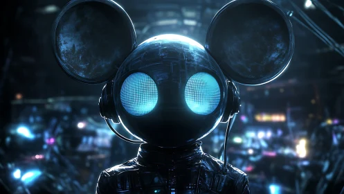 Cybernetic mouse-helm DJ avatar in luminous neon soundscape.