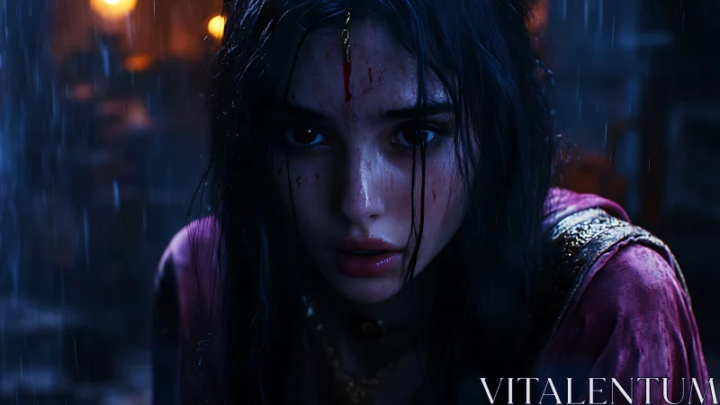 Wet close-up portrait of young woman in dim rainy setting