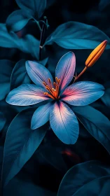 Blue Flower with Orange Stamens and Bud Against Dark Background
