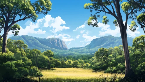 Mountain valley landscape rendered with composite terrain layers