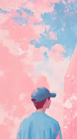 Soft pink sky welcomes a quiet dreamer in gentle light