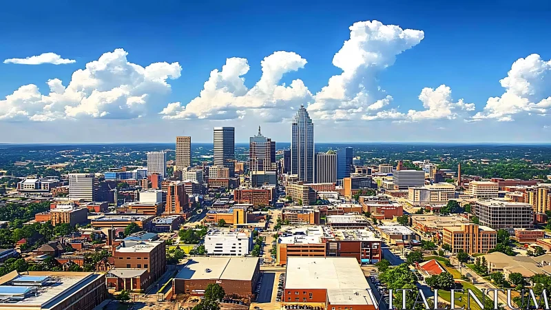 Vibrant city skyline rises under towering summer clouds