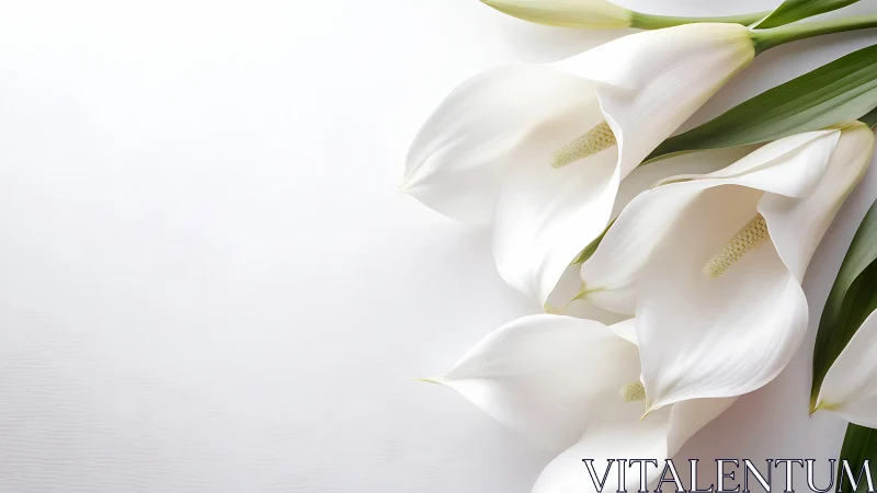 White calla lilies with golden stamens displayed on light backdrop.