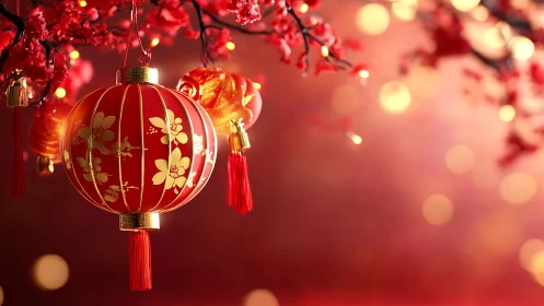 Blossom-lit red lanterns humming in soft lunar new year dusk.