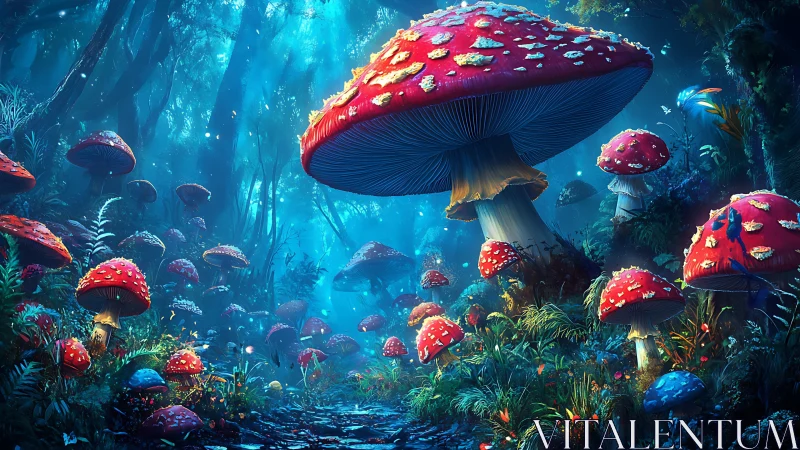 Giant red mushrooms dominate a glowing blue forest path.