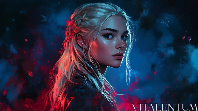 Mystical blonde heroine stares through neon blue and crimson haze