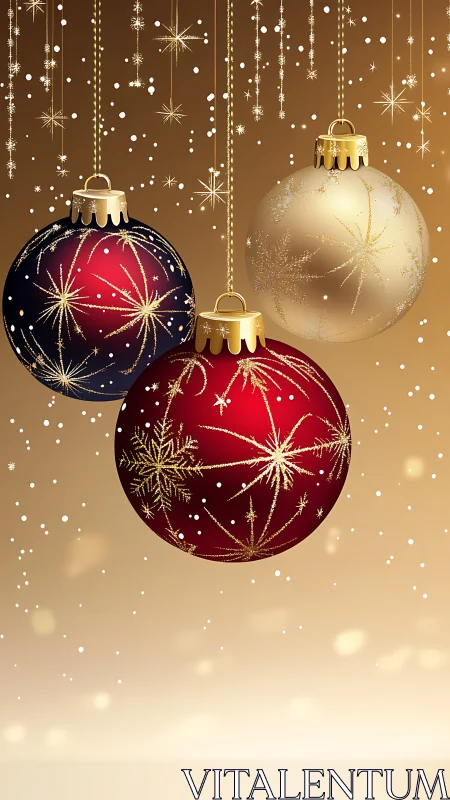 Three suspended Christmas ornaments display radial gold motifs