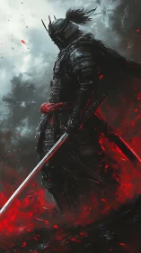 Storm-lit shadow samurai walks through a rising ember tide