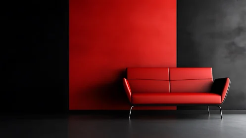 Crimson sofa cuts sharp elegance through noir minimal walls.