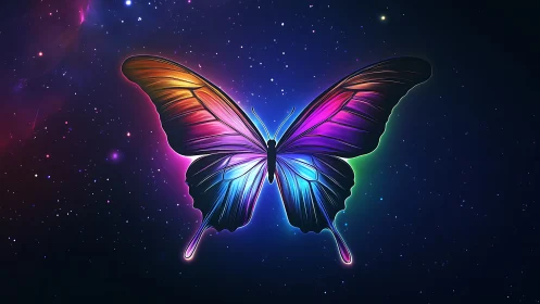 Starlit neon butterfly drifting through a cosmic twilight sky.